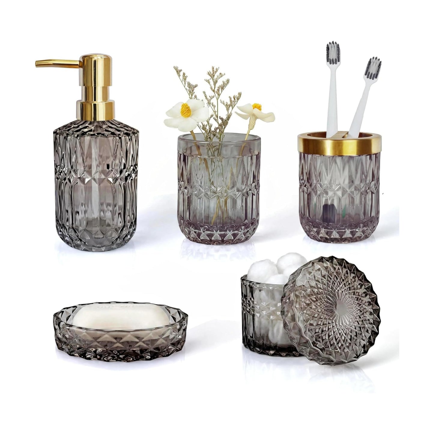 LaMarriti Gray Bathroom Accessories Set, 5Pcs Glass Bathroom Set | Soap Dispenser and Toothbrush Holder Set, Soap Dish