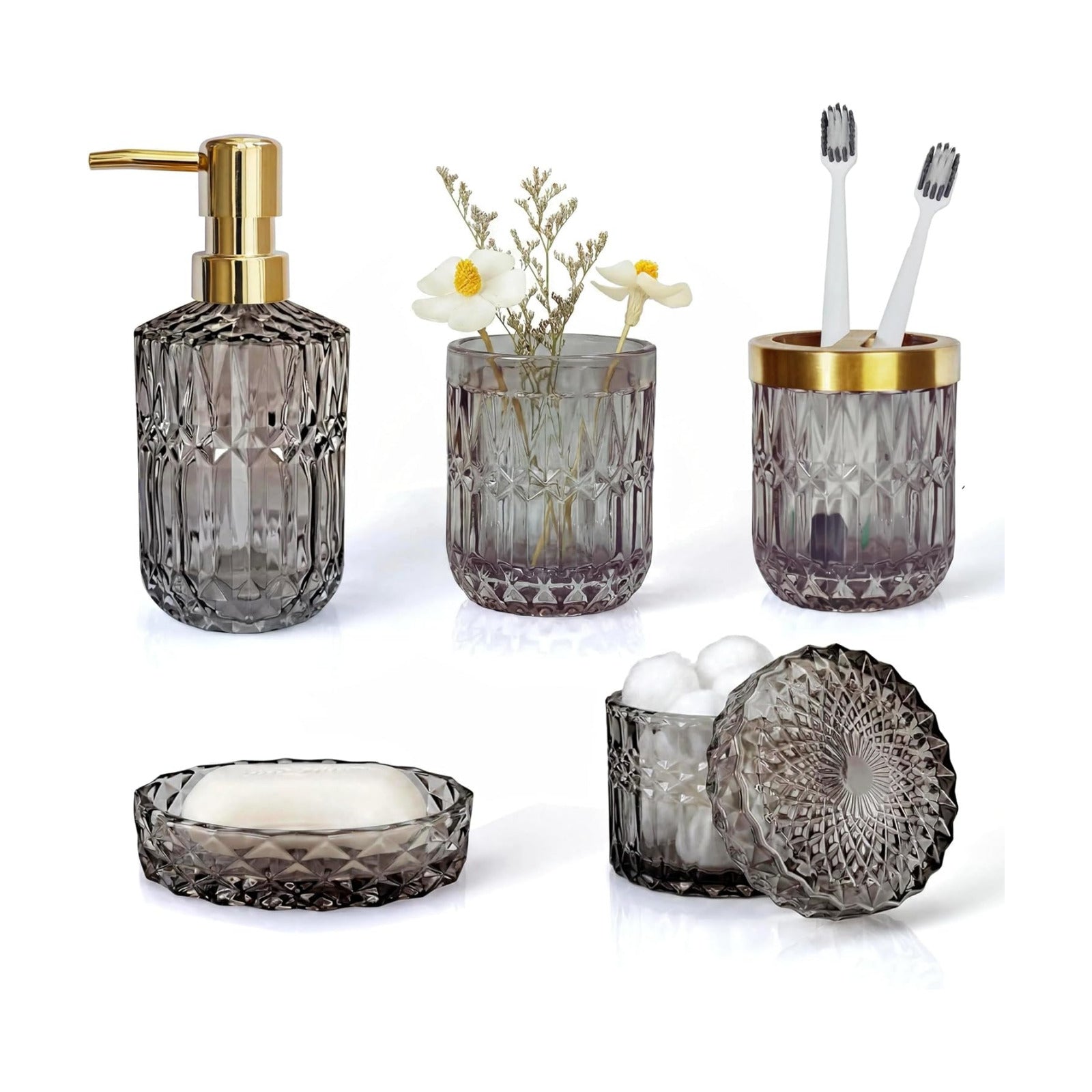 LaMarriti Gray Bathroom Accessories Set, 5Pcs Glass Bathroom Set | Soap Dispenser and Toothbrush Holder Set, Soap Dish