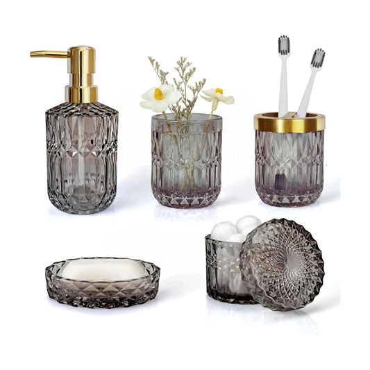 LaMarriti Gray Bathroom Accessories Set, 5Pcs Glass Bathroom Set | Soap Dispenser and Toothbrush Holder Set, Soap Dish