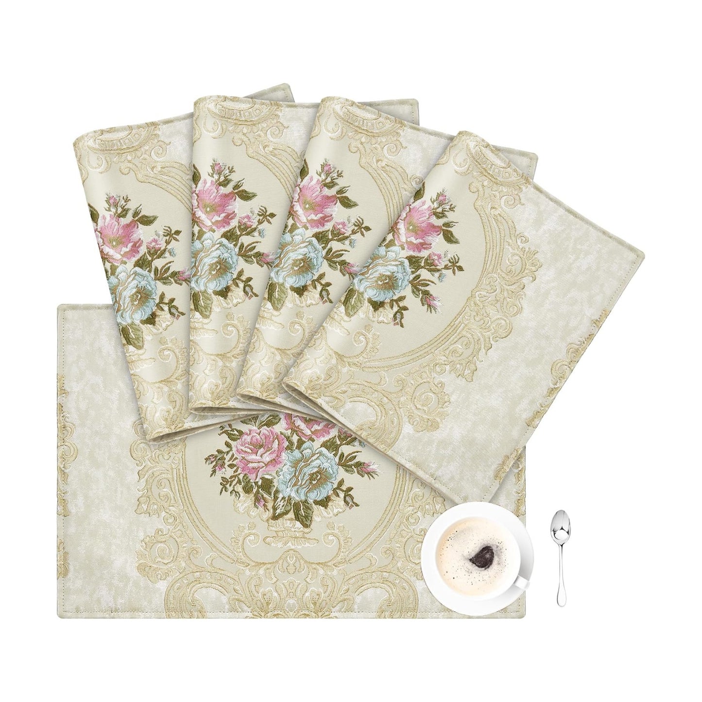 Loom and Mill Luxury Damask Placemats Set of 4, Pearly Beige, 12x18in | Elegant Jacquard Non-Slip Table Place Mats for