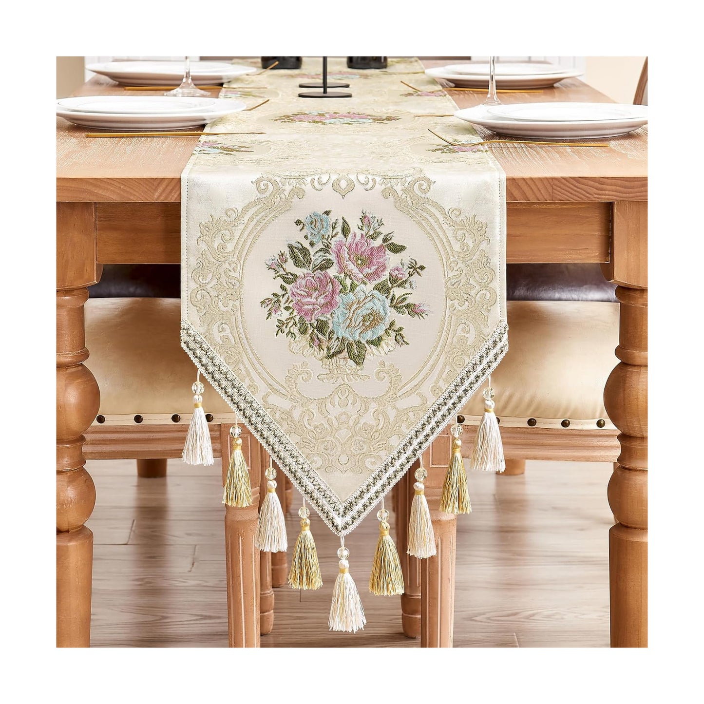Loom and Mill Elegant Floral Jacquard Table Runner 13x90 inch, Pearly Beige | Luxury Damask Fabric Dining Table Runners
