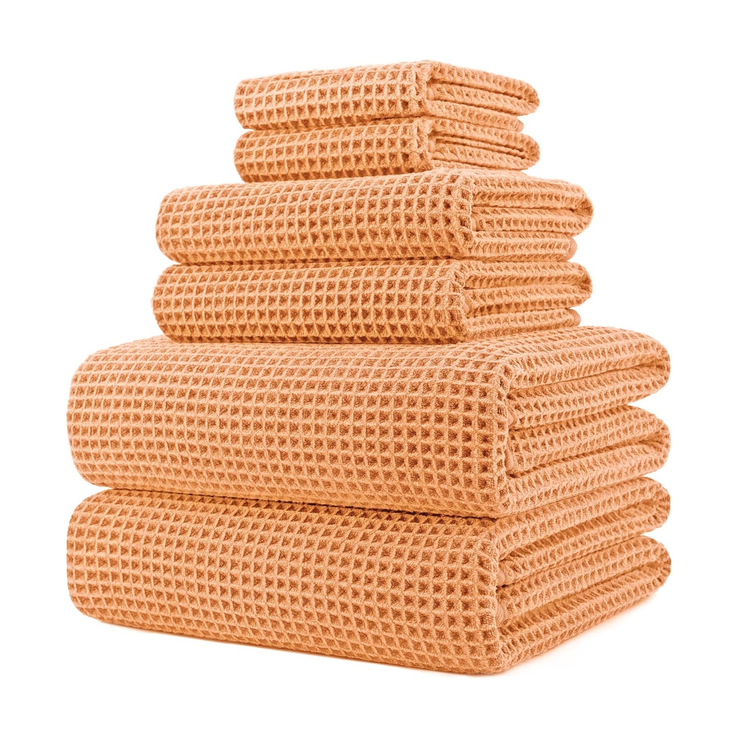 POLYTE 430 GSM Poly Blend Microfiber Quick Dry Waffle Bath Towel Set of 6 | 2-Body Towels, 2-Hand Towels, 2-Wash