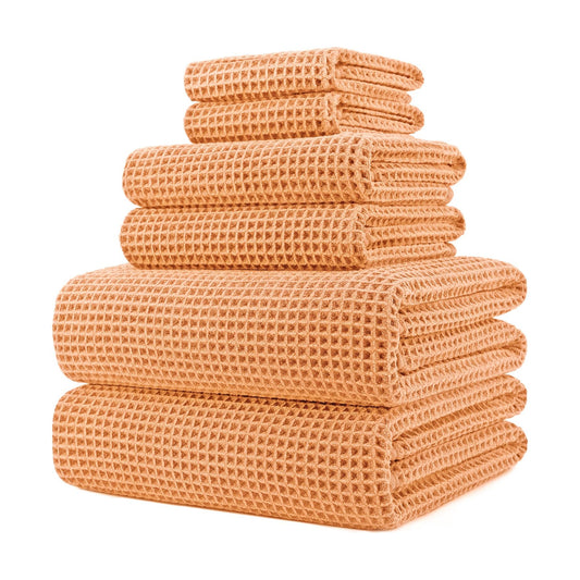 POLYTE 430 GSM Poly Blend Microfiber Quick Dry Waffle Bath Towel Set of 6 | 2-Body Towels, 2-Hand Towels, 2-Wash