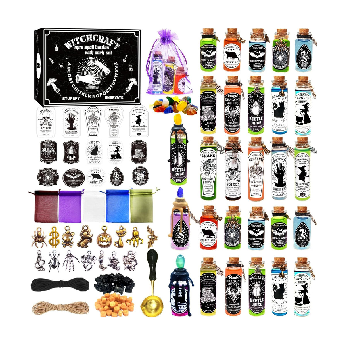 Ainswei Halloween Decorations Indoor,135Pcs Potion Bottles Halloween Decor,Witch Halloween Decorations with Stone,Apothecary Witch Lables Decoration For Home Room Party Supplies