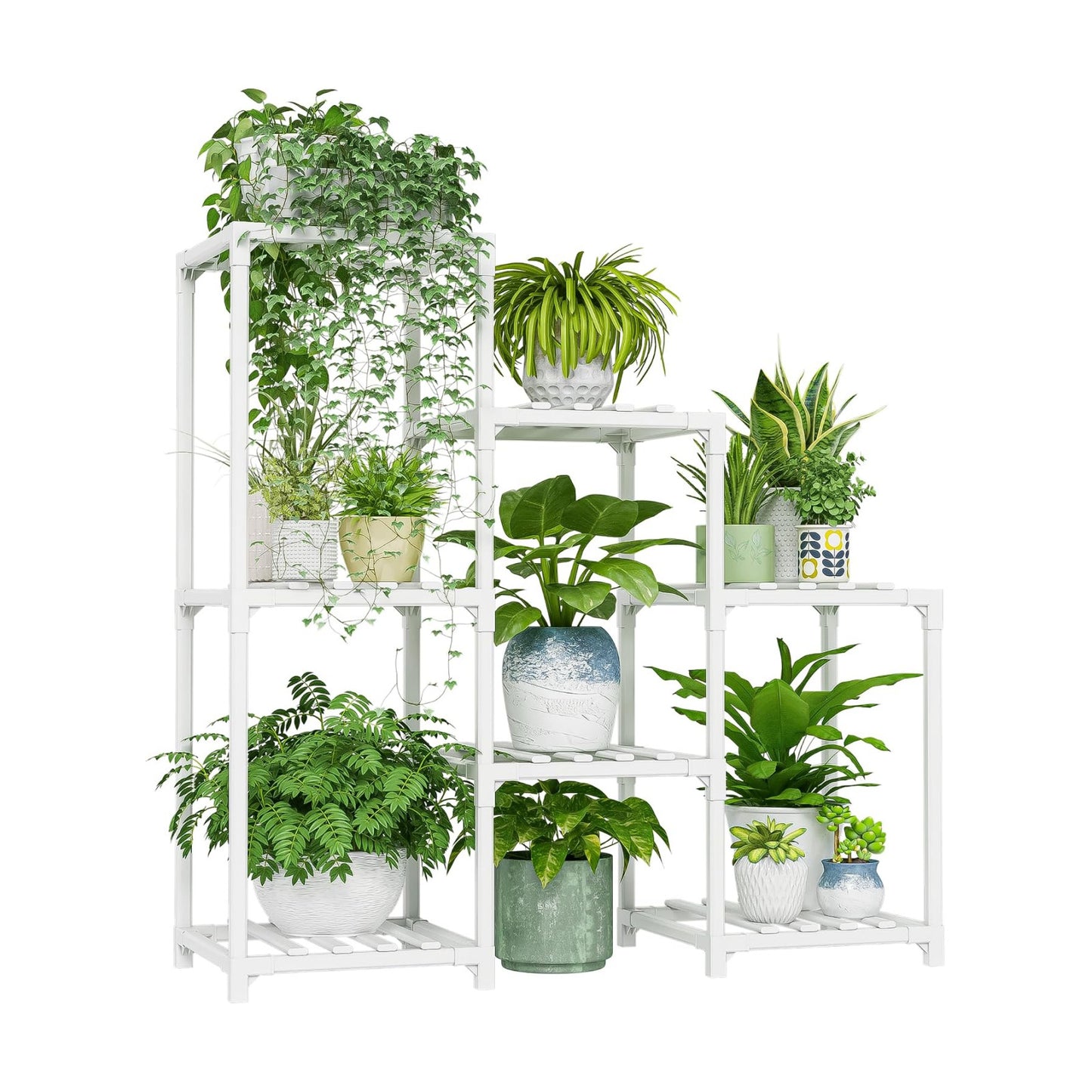 Bamworld Indoor Plant Stand Outdoor White Shelf Bamboo Plant Table for Multiple Plants 3 Tiers 7 Pots Ladder Holder Pot