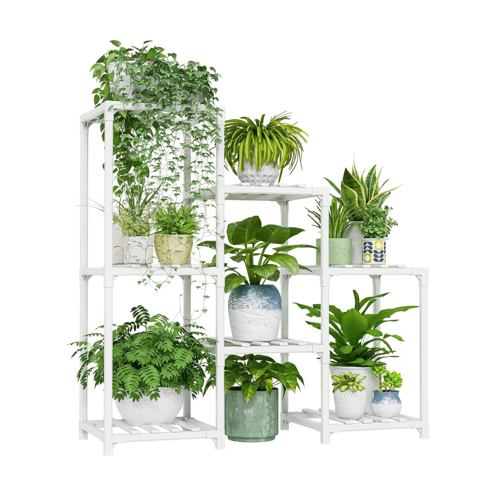 Bamworld Indoor Plant Stand Outdoor White Shelf Bamboo Plant Table for Multiple Plants 3 Tiers 7 Pots Ladder Holder Pot