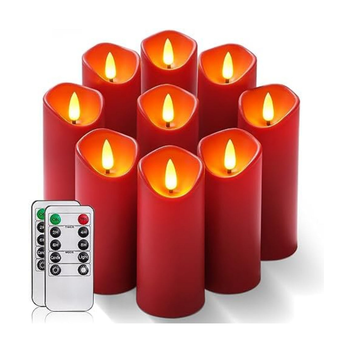 Homemory Christmas Flameless Candles, Battery Operated Candles with Remote Timers, Electric Fake Candles for Home, Christmas Decoration, Made of Plastic, Red/Burgundy, Set of 9