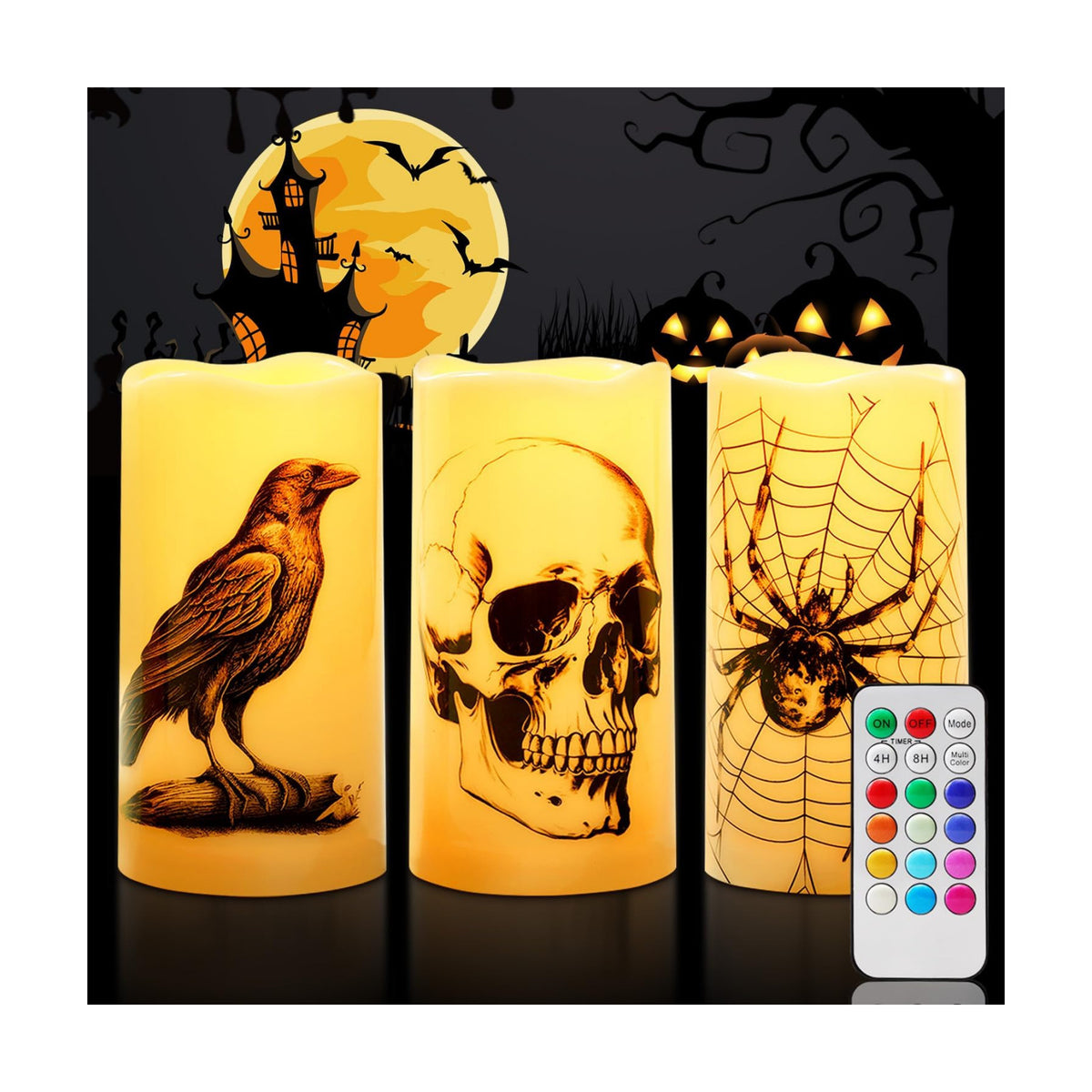 Homemory Halloween Waterproof Flameless LED Pillar Candle with Timer Remote