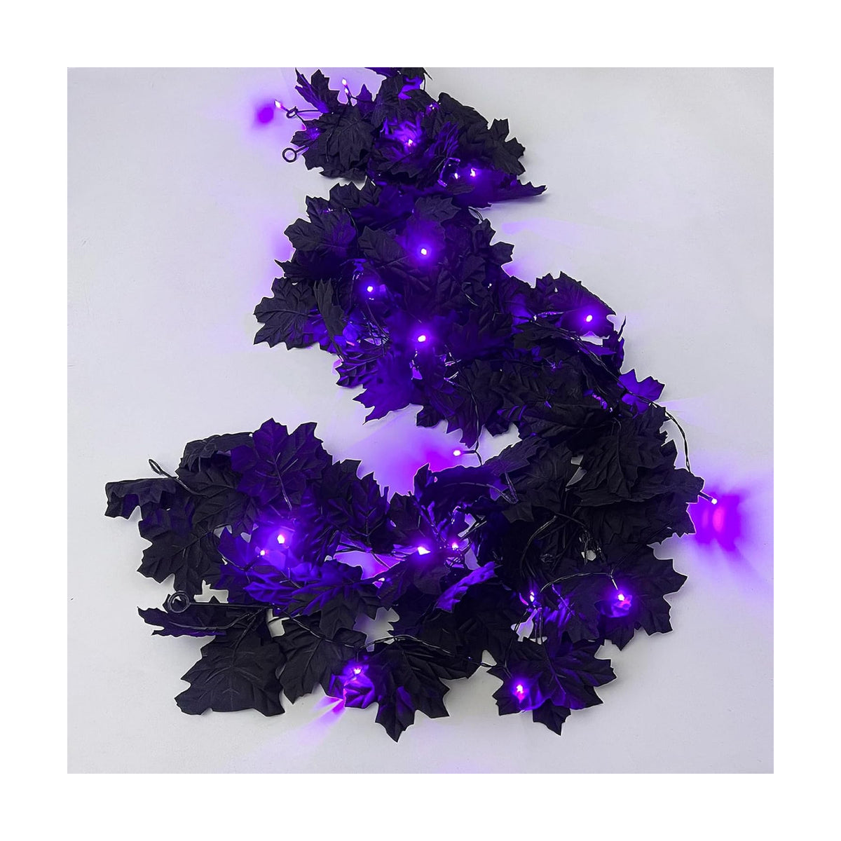 RECUTMS Black Halloween Maple Leaf Garland with Purple Light,2Pc Fall Decor