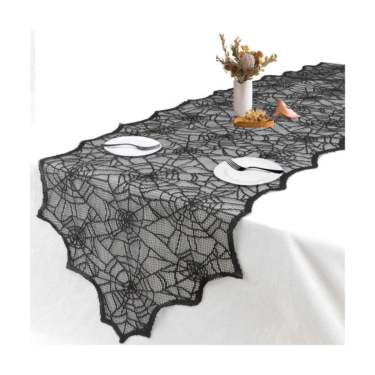 Halloween Table Runner, Black Lace Table Runner, 14 X 48 Inch Spider Web Table Runners Halloween Table Decor, Polyester Lace Table Runners Halloweens Table Decoration for Parties Gathering