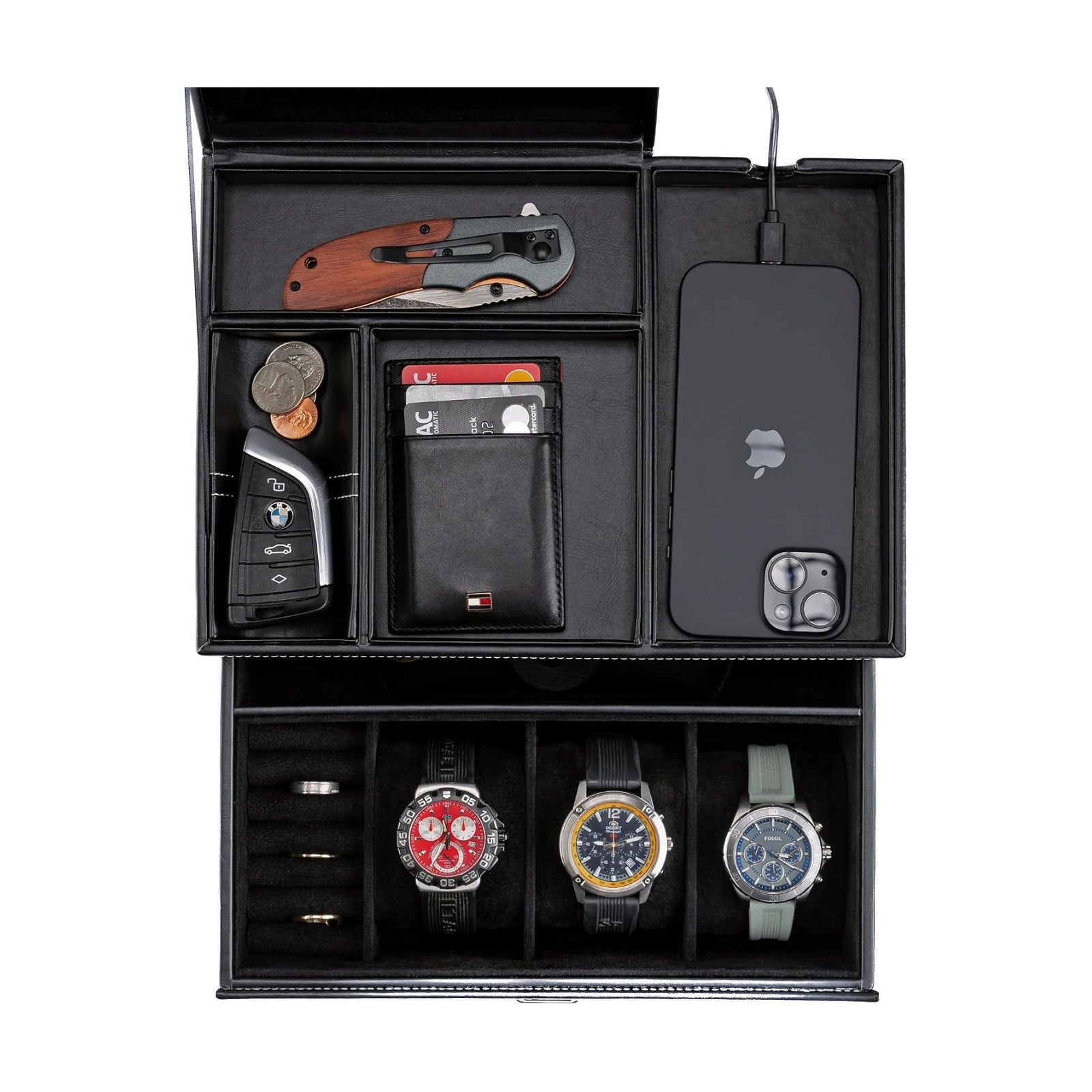 Mens Jewelry Box Organizer & Dresser Valet Tray - Premium Nightstand Station for Watches, Rings, and Accessories