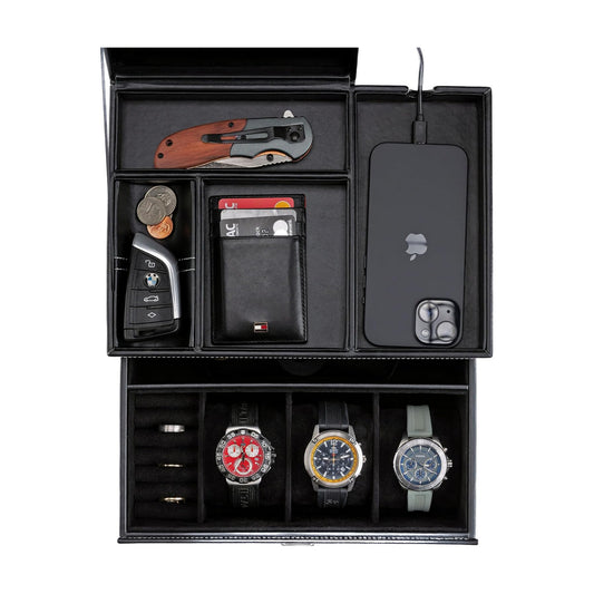 Mens Jewelry Box Organizer & Dresser Valet Tray - Premium Nightstand Station for Watches, Rings, and Accessories