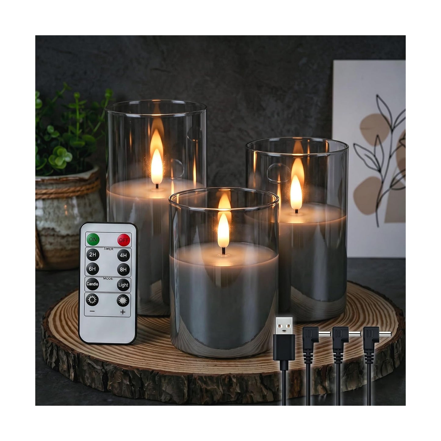 GenSwin Glass Rechargeable Flameless Candles Remote Battery Operated, Black | LED Pillar Candles, Long Lasting Real Wax