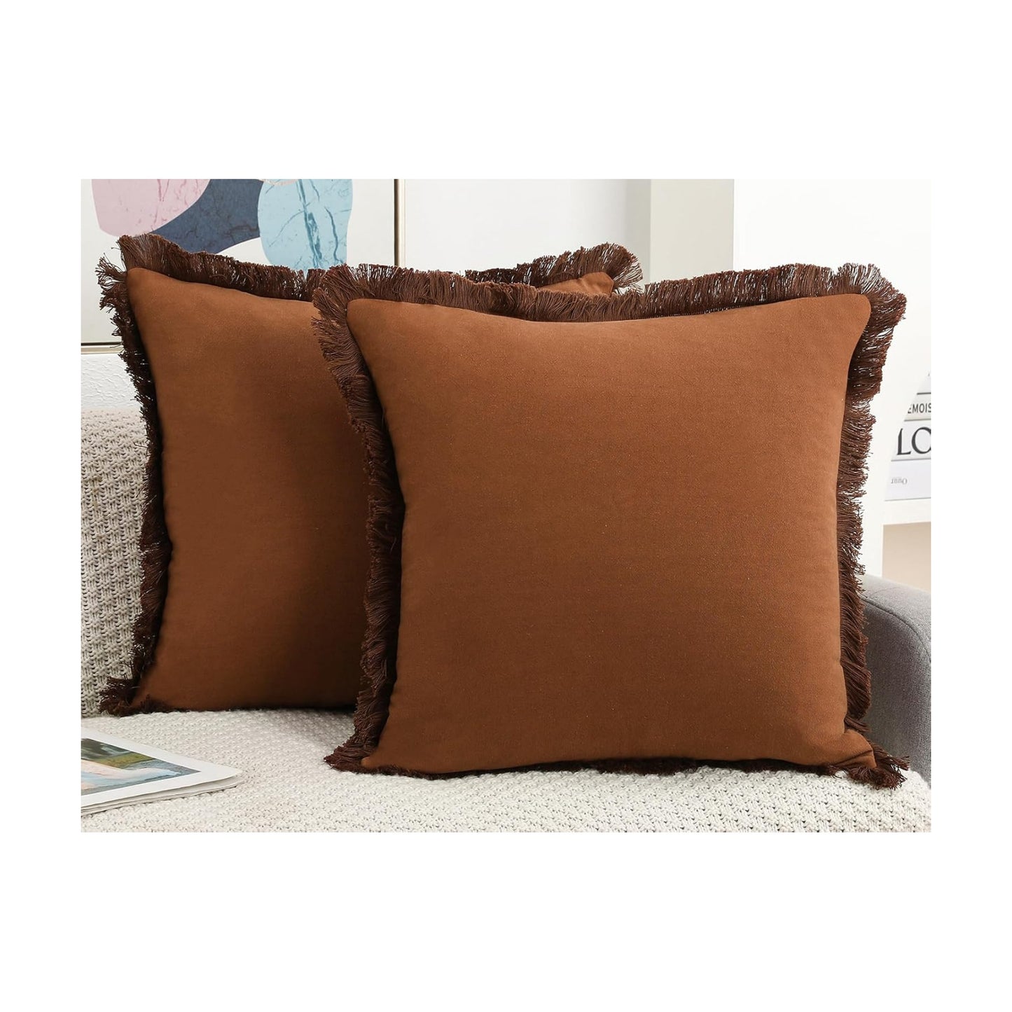 Natural Linen Fringed Throw Pillow Covers / Light Brown / 22 x 22 / Set of 2