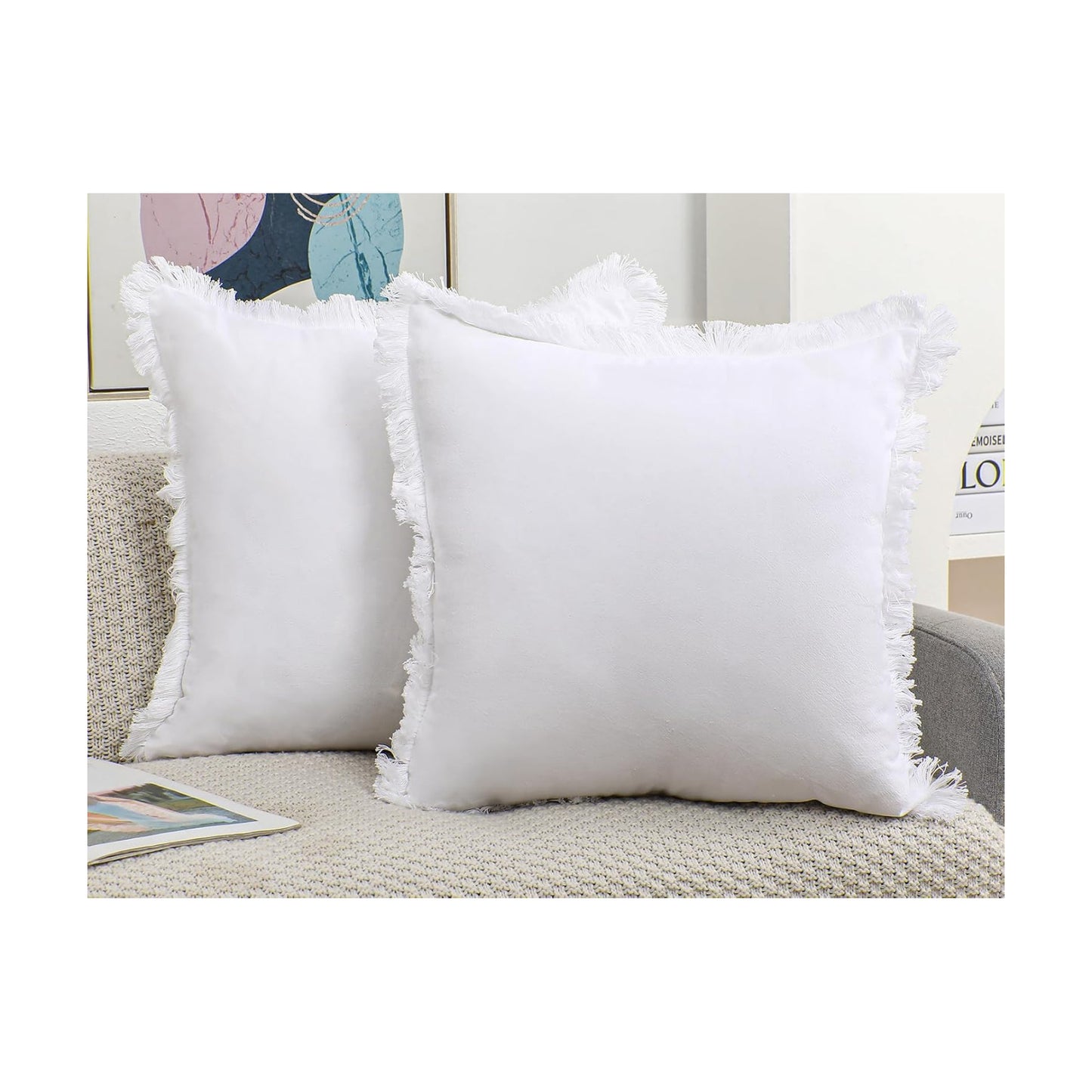 Natural Linen Fringed Throw Pillow Covers / White / 18 x 18 / Set of 2