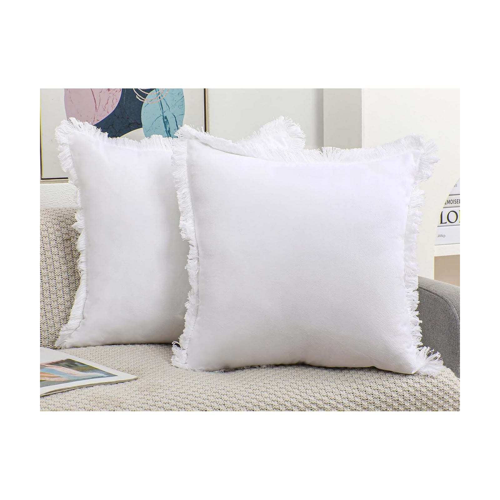 Natural Linen Fringed Throw Pillow Covers / White / 18 x 18 / Set of 2