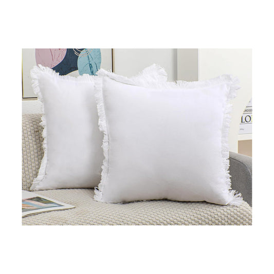 Natural Linen Fringed Throw Pillow Covers / White / 18 x 18 / Set of 2