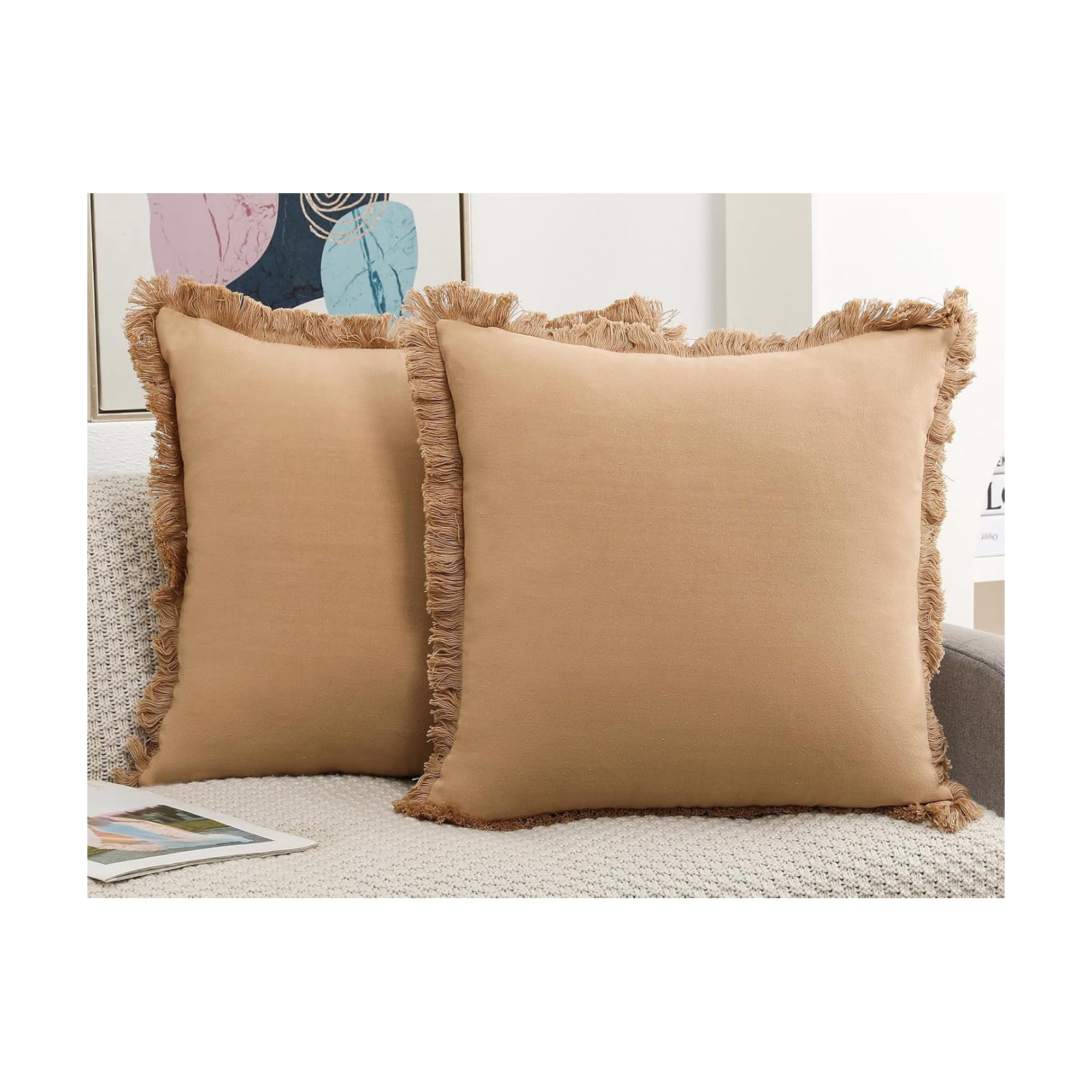 Linen Fringed Throw Pillow Covers / Khaki / 18 x 18 / Natural / Set of 2