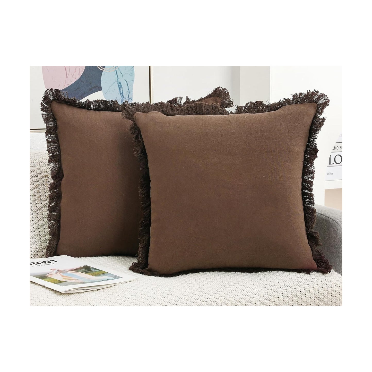 Linen Fringed Throw Pillow Covers / Chocolate / 18 x 18 / Natural / Set of 2