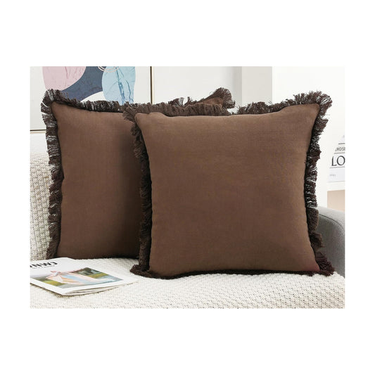 Linen Fringed Throw Pillow Covers / Chocolate / 18 x 18 / Natural / Set of 2