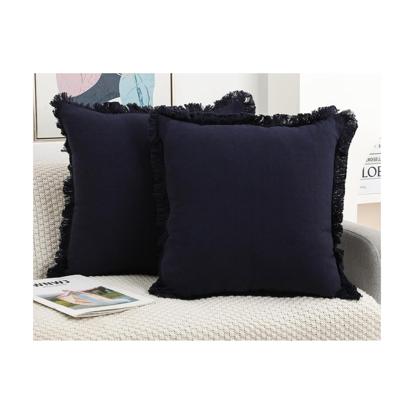 Natural Linen Fringed Throw Pillow Covers / Navy Blue / 18 x 18 / Set of 2