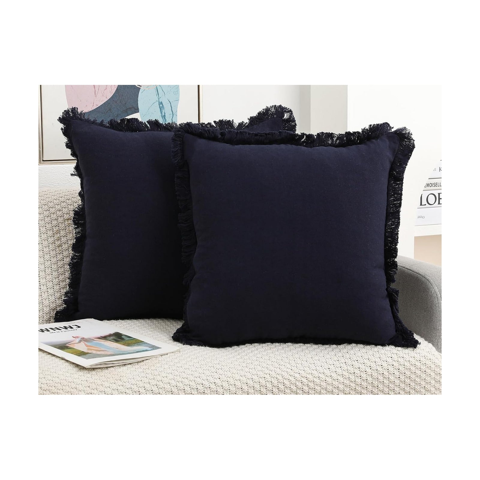 Natural Linen Fringed Throw Pillow Covers / Navy Blue / 18 x 18 / Set of 2