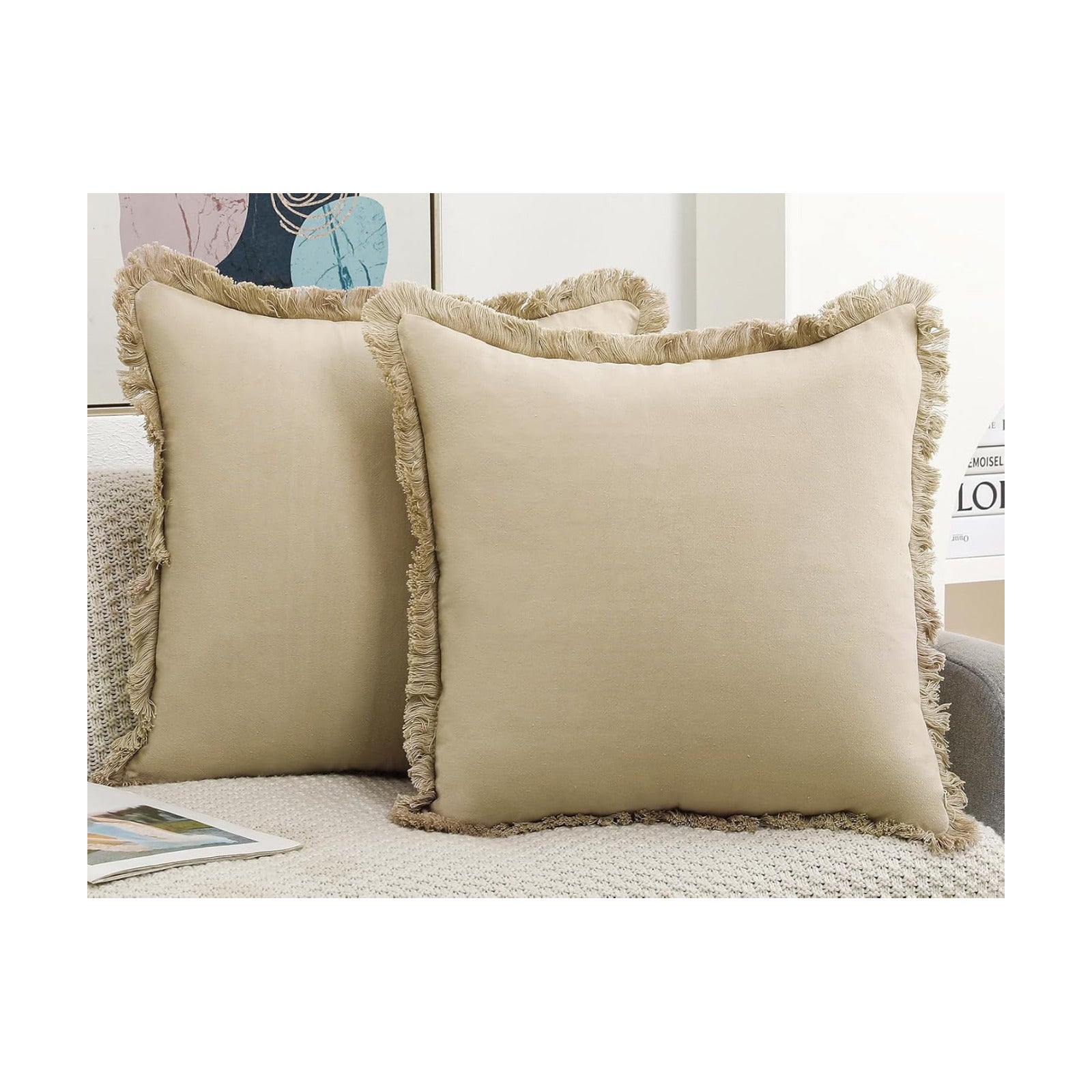 Natural Linen Fringed Throw Pillow Covers / Beige / 20 x 20 / Set of 2