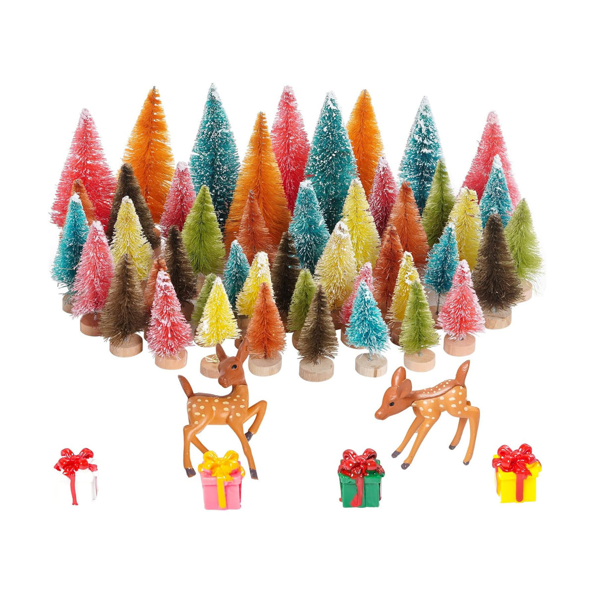 Yookat 51Pcs Mini Pine Trees Bottle Brush Trees Deer Boxes