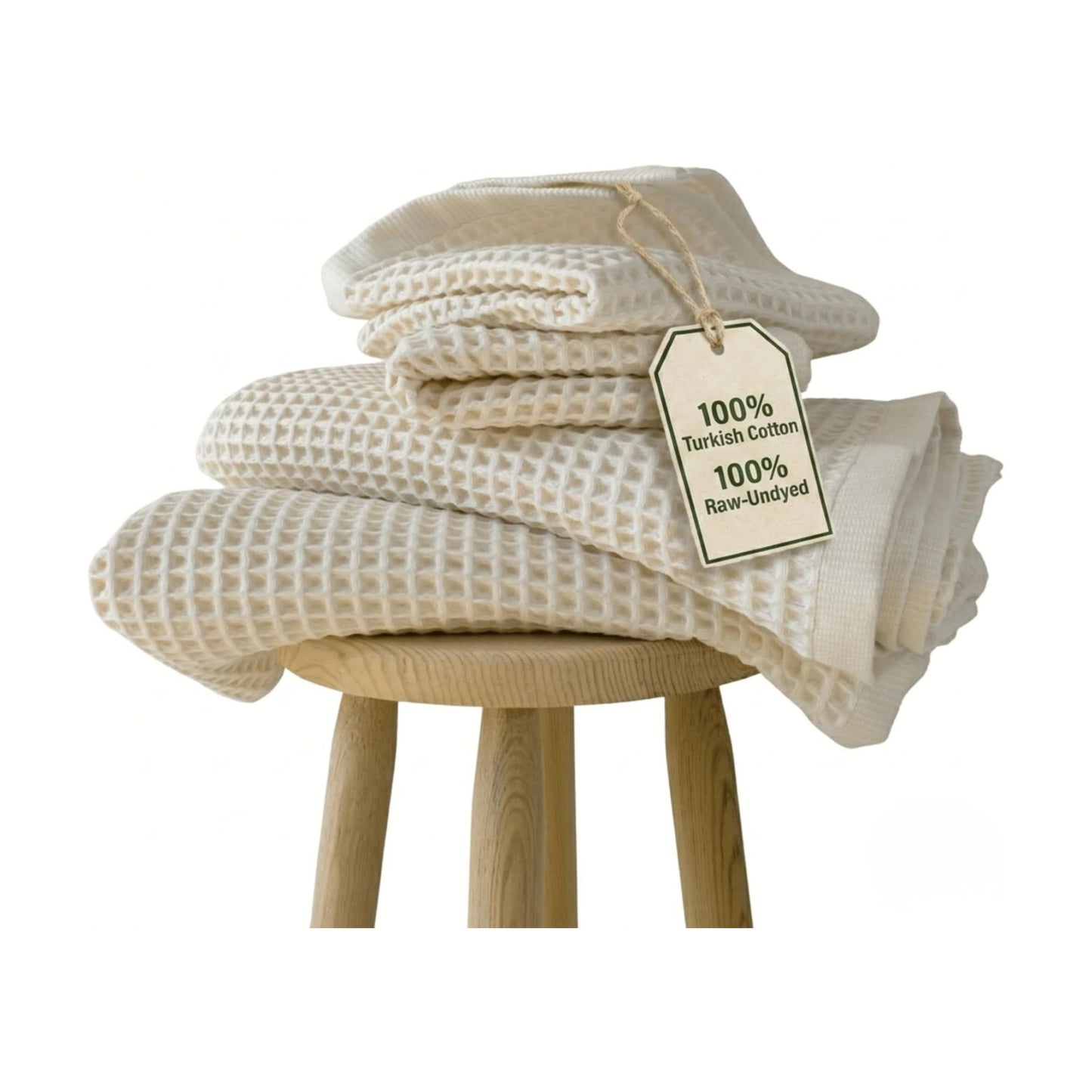 PÜSKÜL Raw-Undyed Natural 100% Turkish Cotton Waffle Towels Set of 4-Piece | 2-Bath sheet (Extra-large 32x63") and