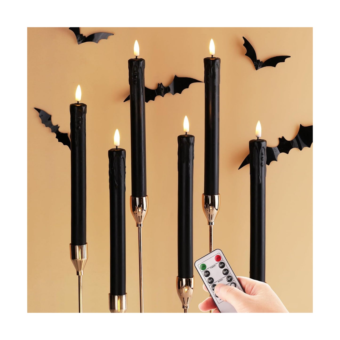 Black Dripping Wax Halloween Flameless Taper Candles with Remote Set of 6 | Flickering LED Candlesticks, 2 AAA Battery