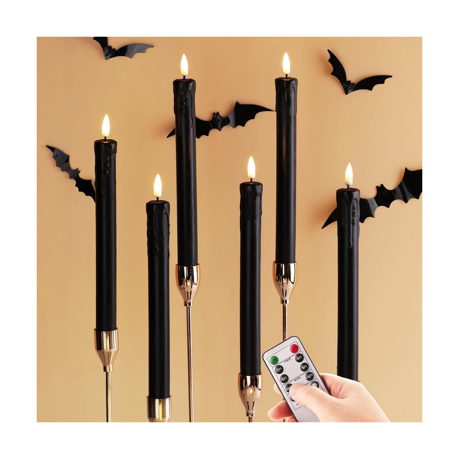 Black Dripping Wax Halloween Flameless Taper Candles with Remote Set of 6 | Flickering LED Candlesticks, 2 AAA Battery