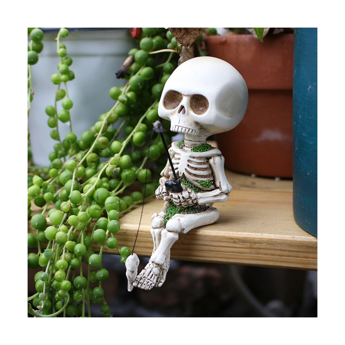 Fishing Skeleton Statue Halloween Decor, 4.5 Inch Skull Fisher Figurine
