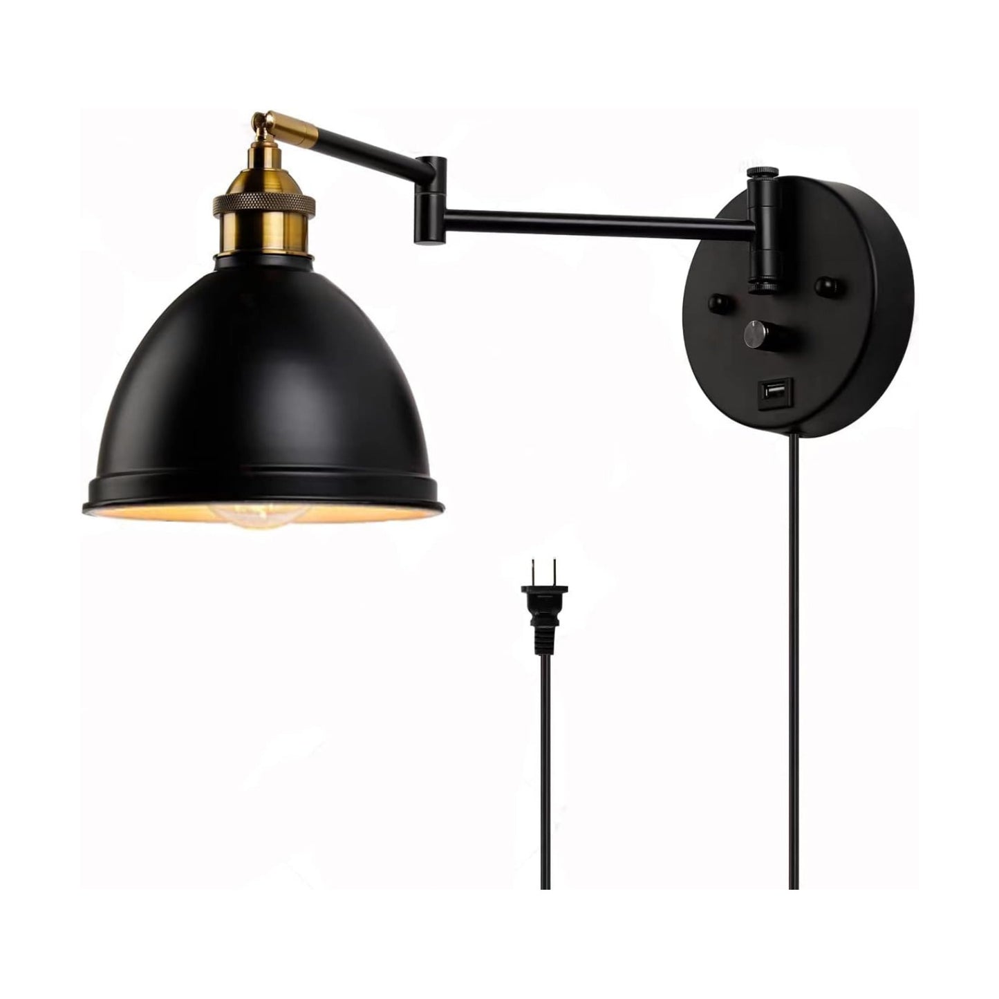 Swing Arm Wall Sconces, Plug-in Wall lamp,Bedroom Wall lamp ， White Fabric Shade，，with dimmable Switch and USB Charging