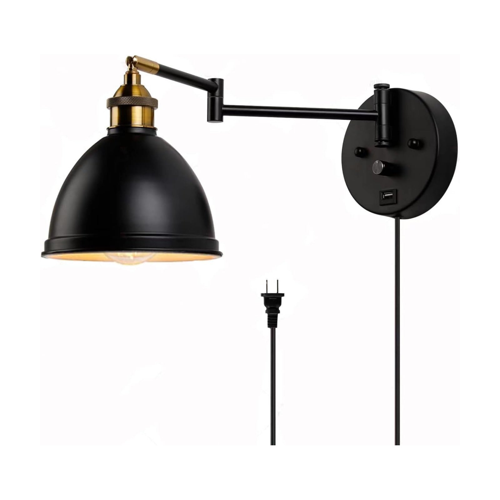 Swing Arm Wall Sconces, Plug-in Wall lamp,Bedroom Wall lamp ， White Fabric Shade，，with dimmable Switch and USB Charging