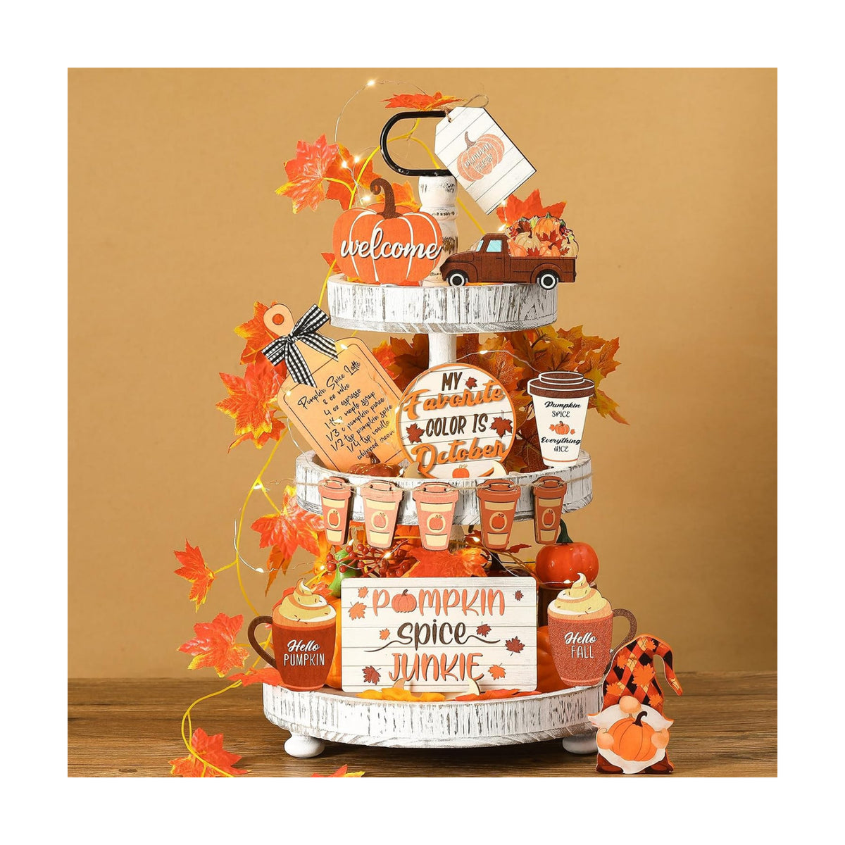 FairySandy 15 Pcs Fall Tiered Tray Decor Set, Pumpkin Table Signs