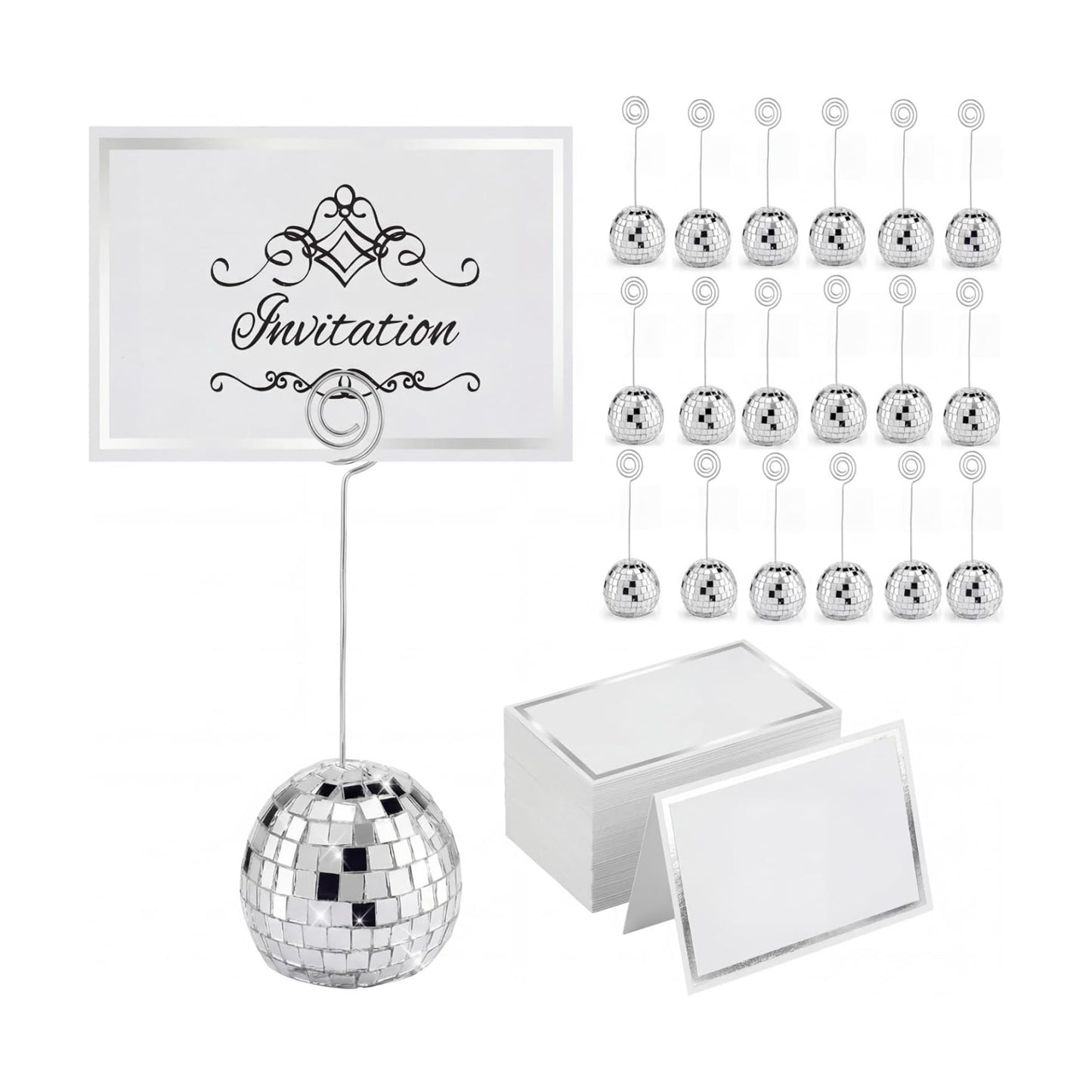 Maitys 20 Set Disco Ball Table Number Holders Silver,180pcs/60 Set,2 Inch | Swirl Wire Clips for Place Cards, Name