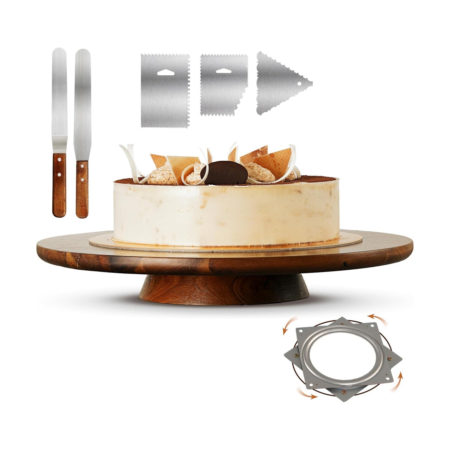 Rustic Wood Pedestal Stands Turntable / Acacia Wood / with 2 Icing Spatulas, 3 Smoothers