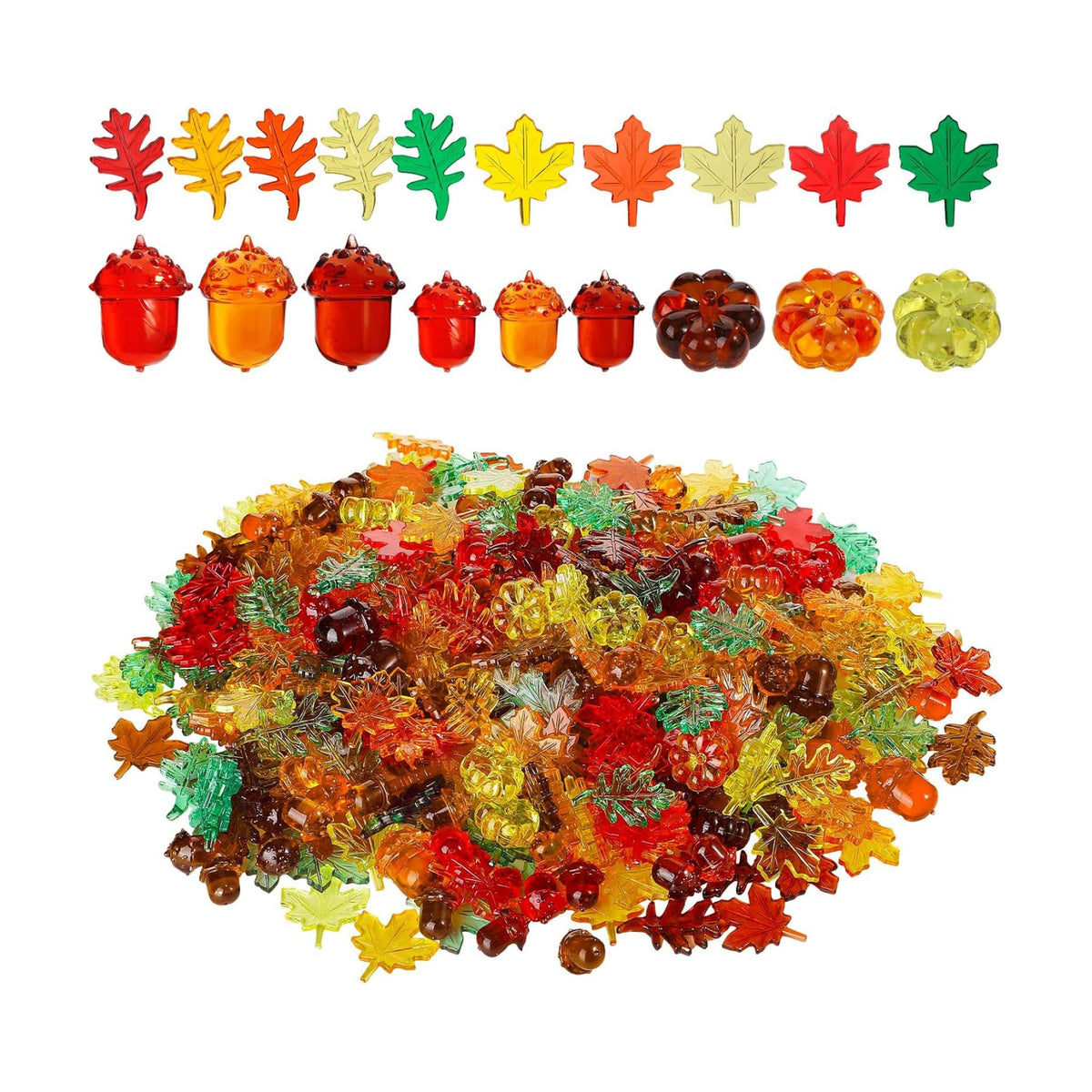 Frienda 400 Pieces Acrylic Fall Vase Filler Mini Pumpkins Leaves Maple Acorns Sensory Bin Filler for DIY Crafts Home Decoration Thanksgiving and Autumn Table Centerpieces