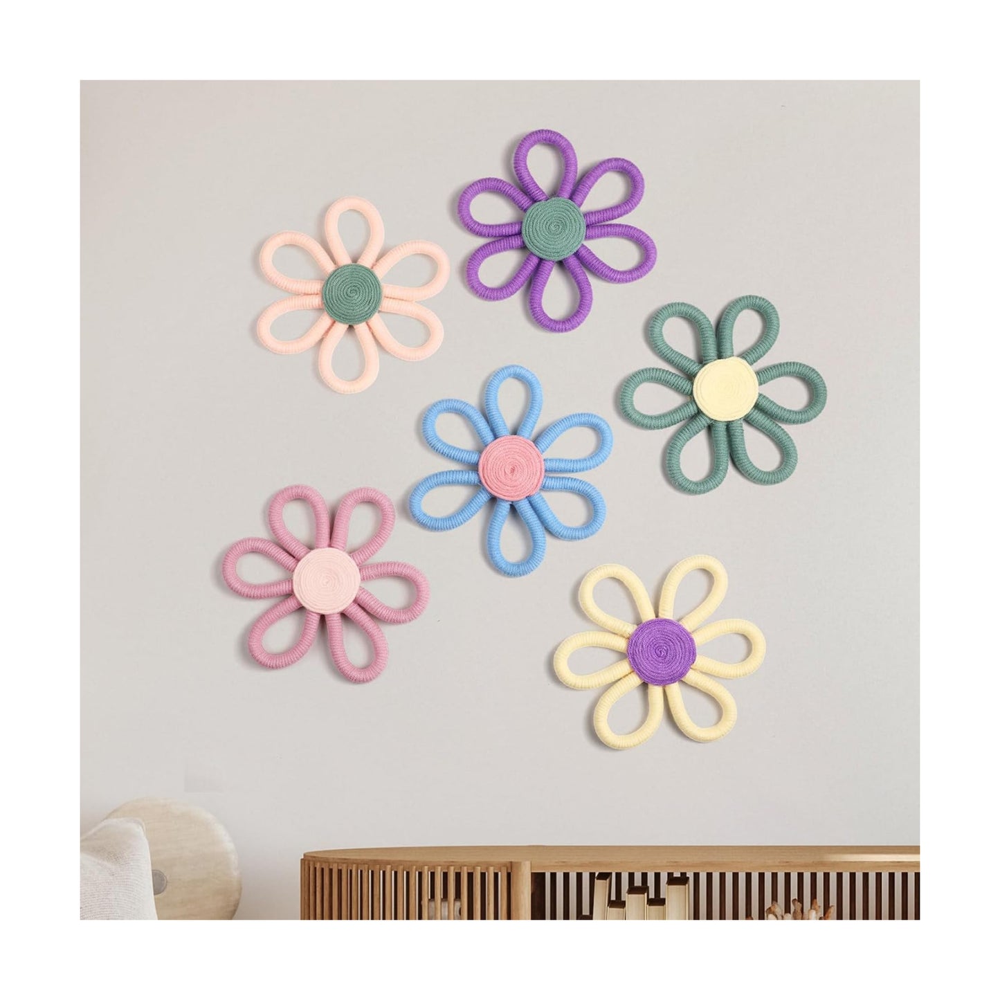 Boho Nursery Decor Flower Daisy Wall Art Woven Macrame Wall / Vivid Colors / 6 Inch / Set of 6