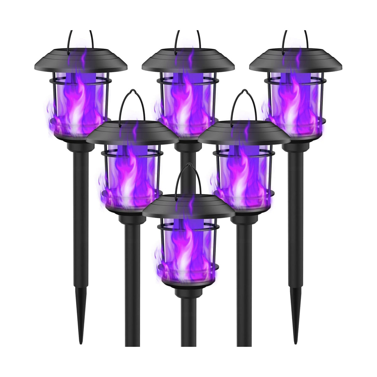 Dynaming 6 Pack Solar Flame Torch Lights Outdoor, Dual Use Flickering Purple Flame Garden Light, Hanging Lantern, Auto On/Off & Waterproof Halloween Lighting for Lawn Patio Yard Walkway Driveway