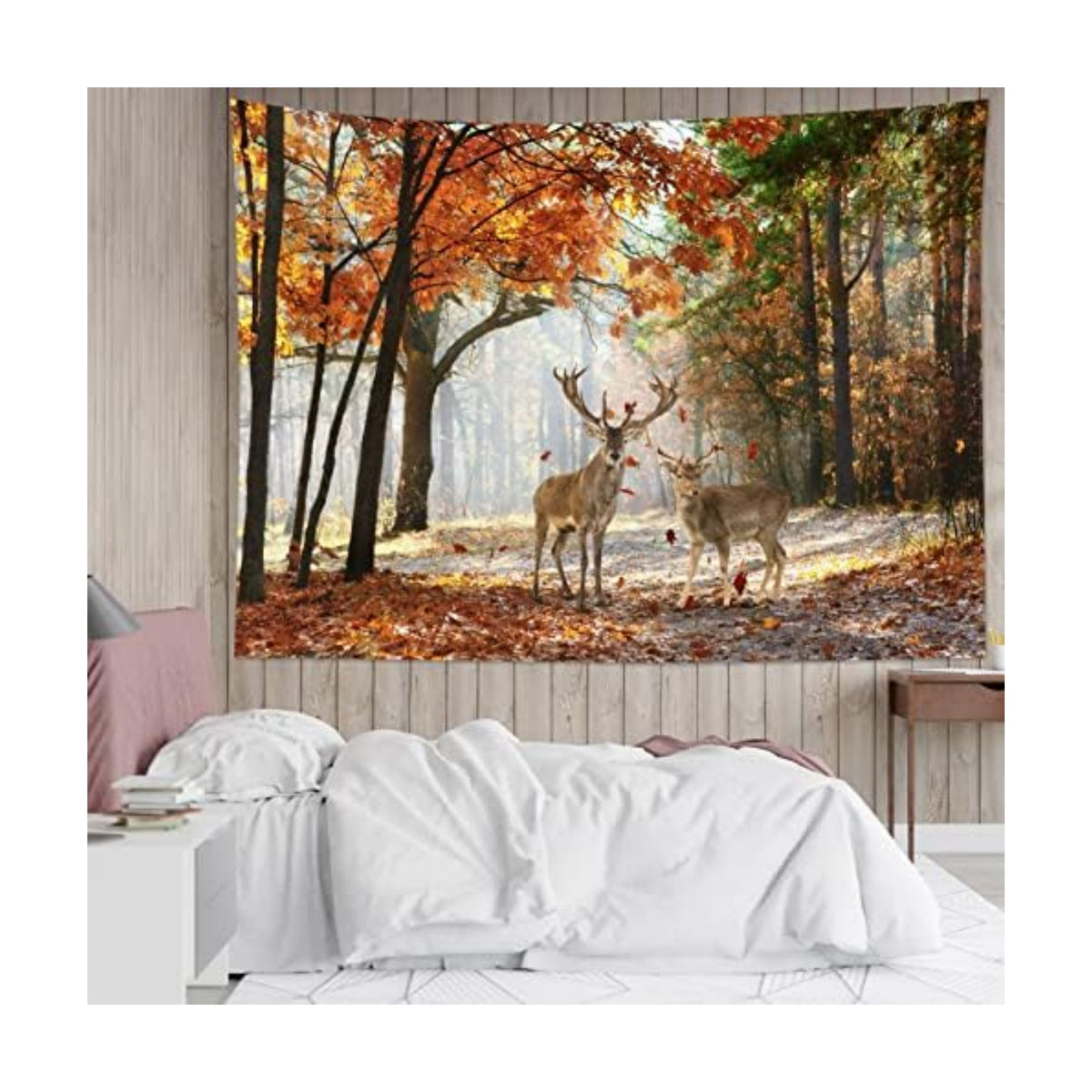 HVEST Fall Tapestry Deer in Orange Maple Tree Forest Wall Art for Bedroom Autumn Nature Landscape Wall Hanging Blanket Holiday Tapestry for Living Room Dorm Wall Decor, 59W x 51L inches