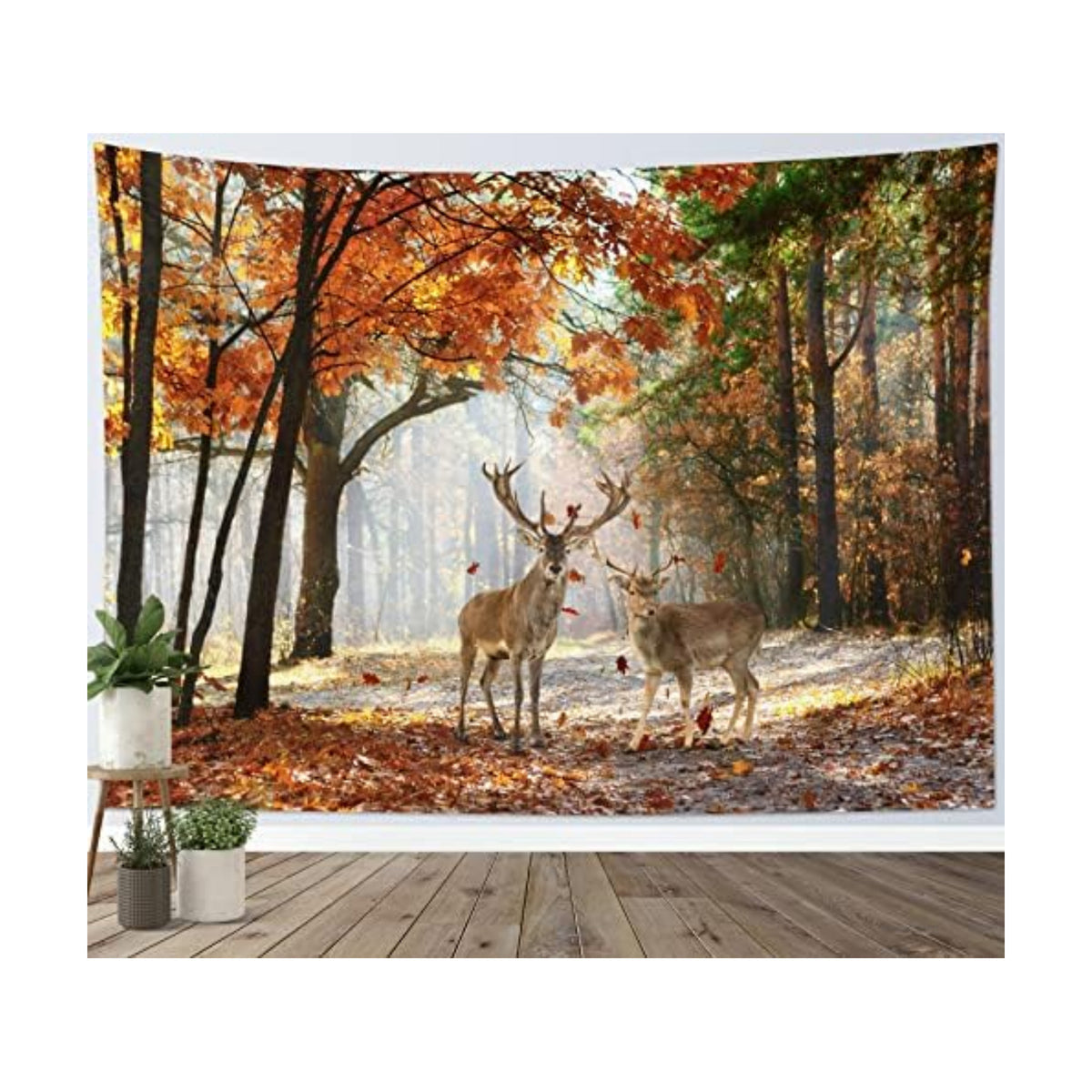 HVEST Fall Tapestry Deer in Orange Maple Tree Forest Wall Art for Bedroom Autumn Nature Landscape Wall Hanging Blanket Holiday Tapestry for Living Room Dorm Wall Decor, 60W X 40L inches