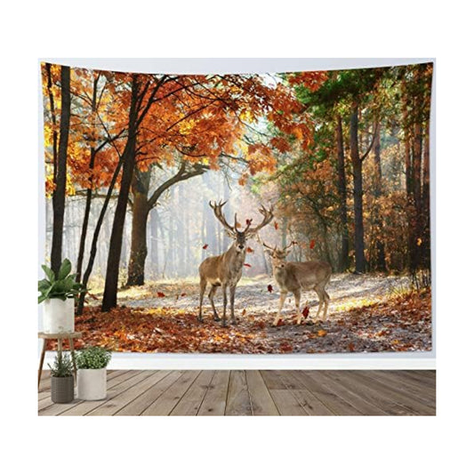 HVEST Fall Tapestry Deer in Orange Maple Tree Forest Wall Art for Bedroom Autumn Nature Landscape Wall Hanging Blanket Holiday Tapestry for Living Room Dorm Wall Decor, 60W X 40L inches