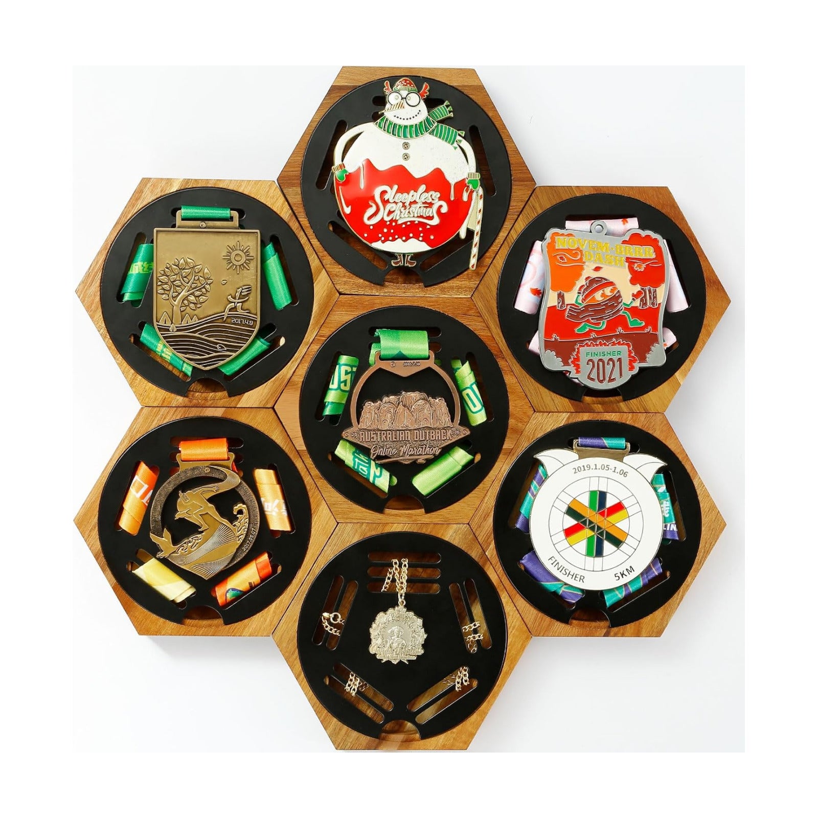 Medal Hanger Display Honeycomb Wooden Hexagon for Wall, with Strong Magnets & Black Round Iron Medal Holder for Sports