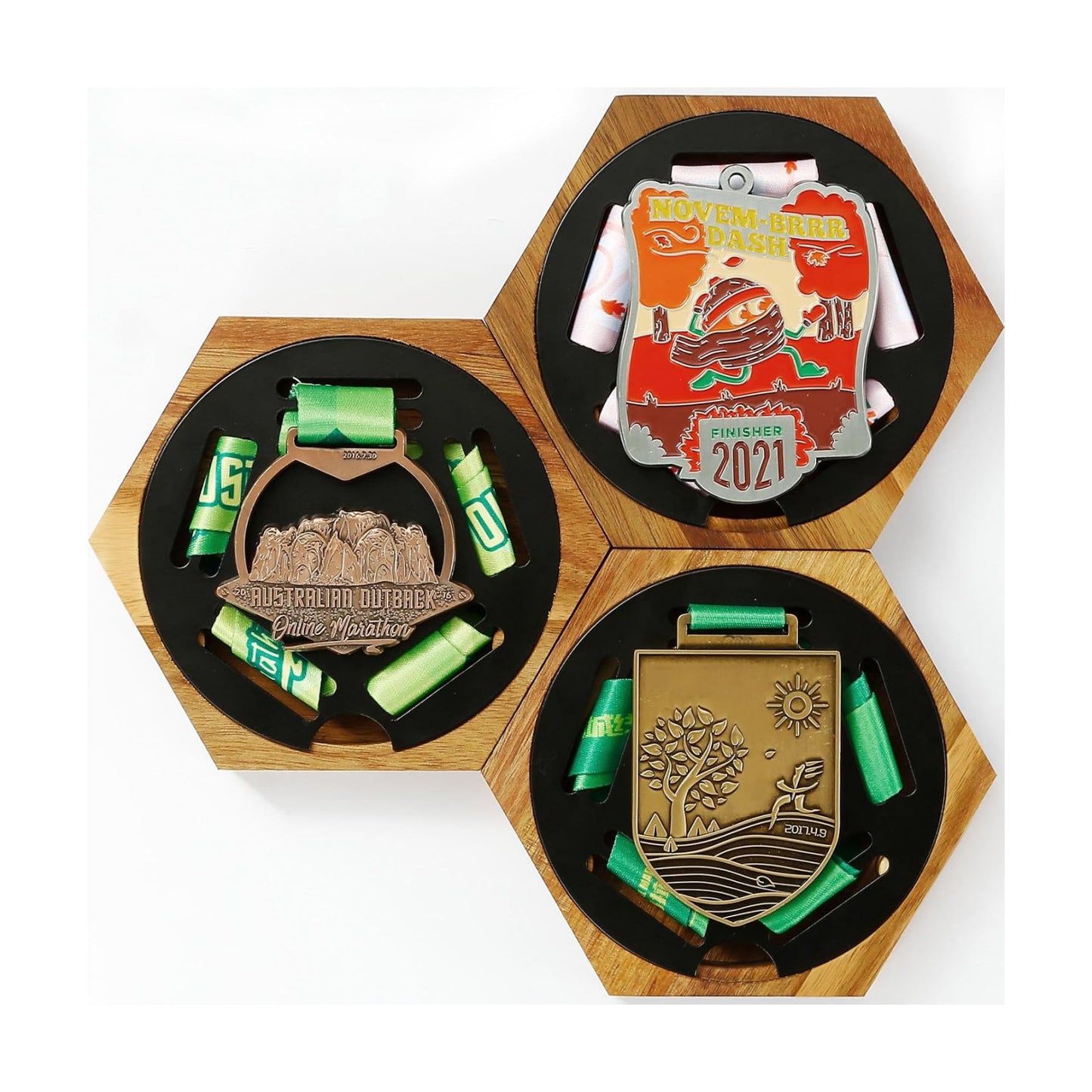 Medal Hanger Display Honeycomb Wooden Hexagon for Wall, with Strong Magnets & Black Round Iron Medal Holder for Sports