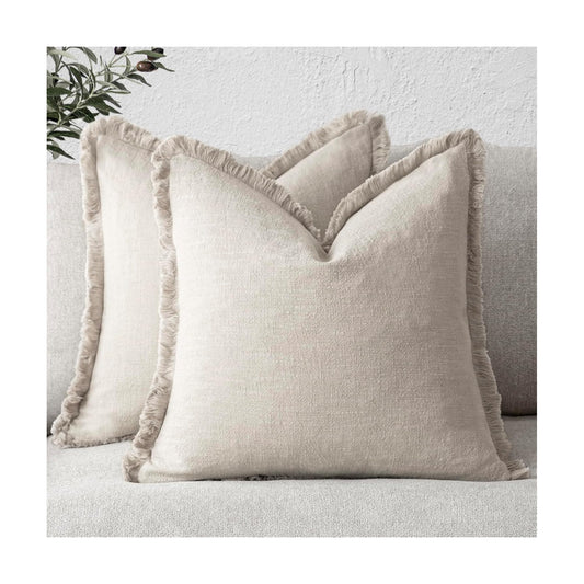 Decorative Linen Fringe Throw Pillow Covers Boho Farmhouse / 18 x 18 / Natural Beige / Set of 2