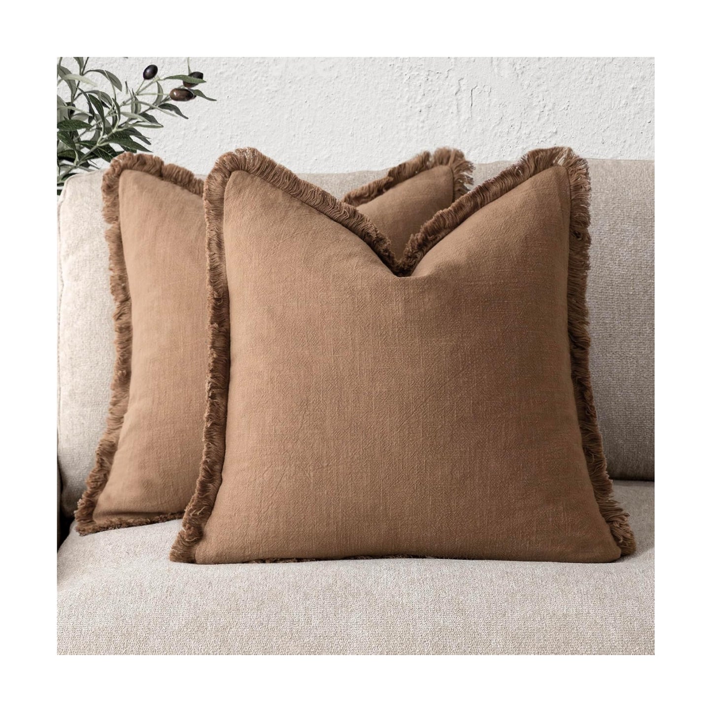 Decorative Linen Fringe Throw Pillow Covers Boho Farmhouse Cushion / 18 x 18 / Brick / Set of 2