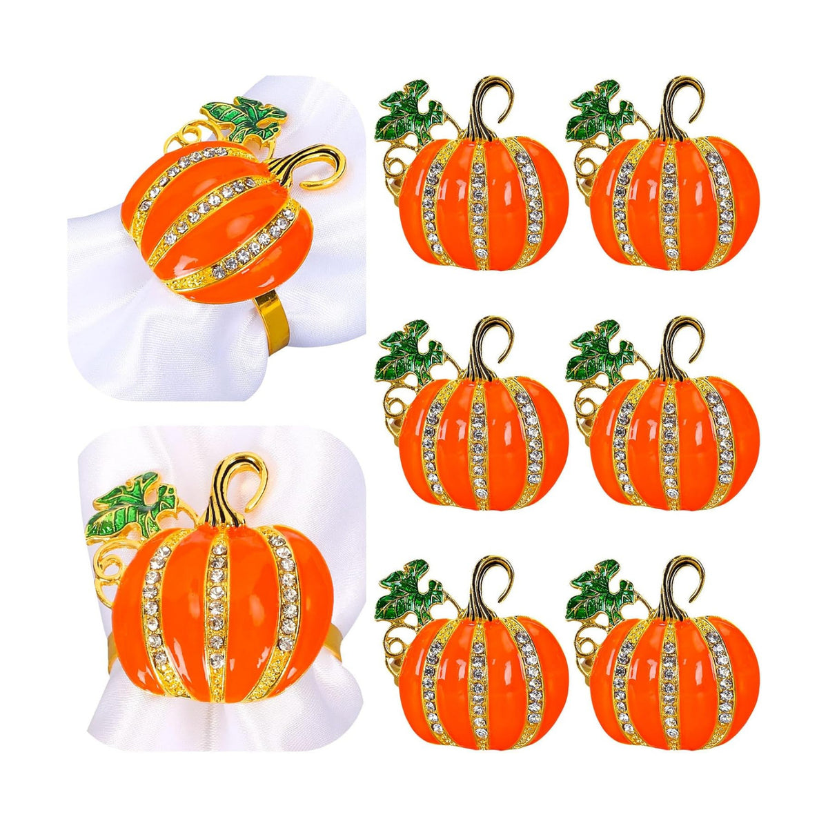 Whaline 6 Pcs Fall Pumpkin Napkin Rings Autumn Thanksgiving Napkin Holders Metal Napkins Buckle with Rhinestone for Family Gathering Wedding Party Dinner Table Setting Decor