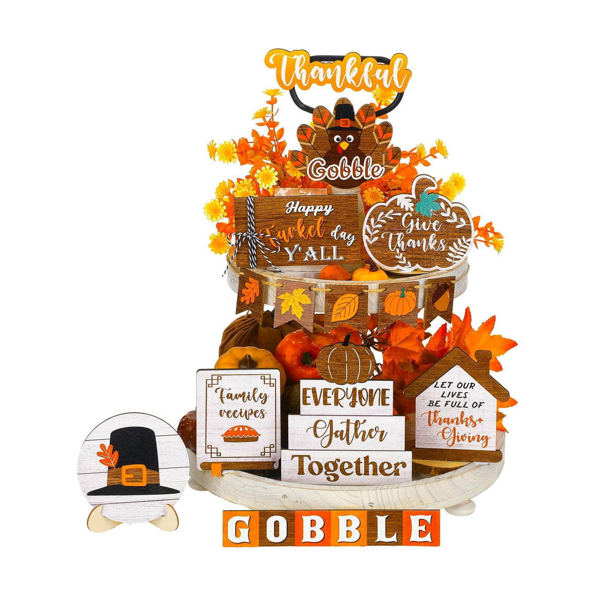 14 Pcs Fall Tiered Tray Decor Set, Thanksgiving Wooden Table Sign