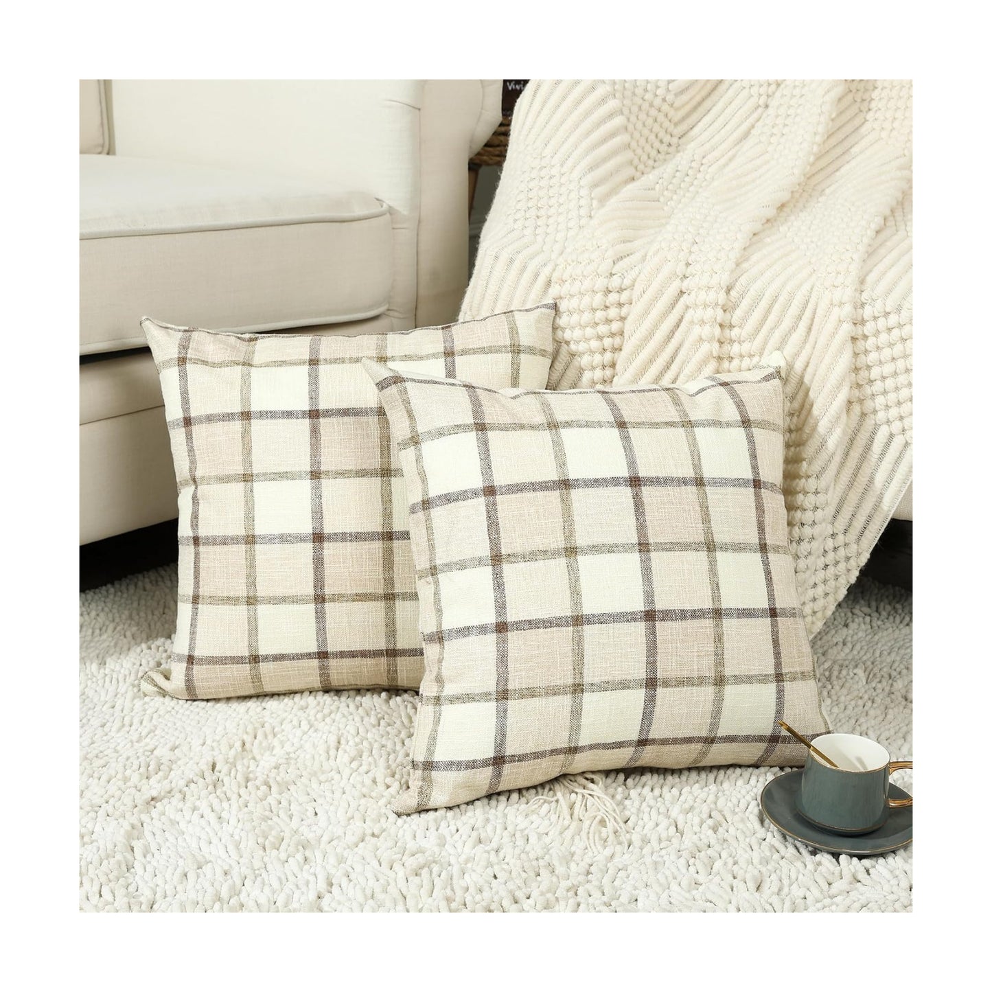 Fall Linen Buffalo Check Throw Pillow Covers / 18 x 18 / Check-beige / Set of 2